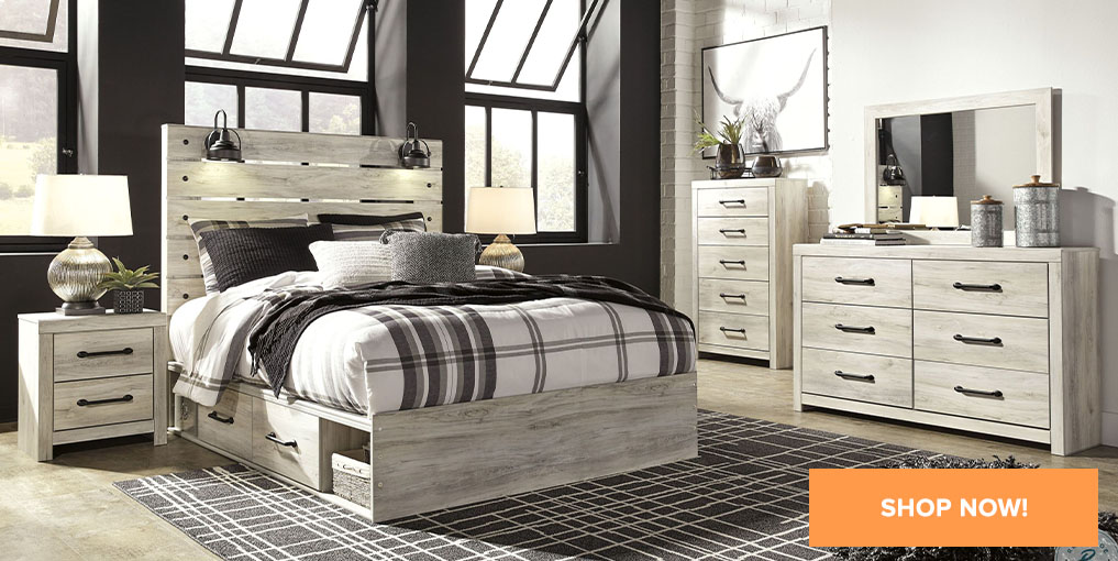 Cambeck Queen Panel Bed with 4 Storage Drawers with Mirrored Dresser, Chest and Nightstand - Shop Now