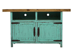 SCRAPED TURQUOISE TV CONSOLE,RUSTIC SPECIALIST