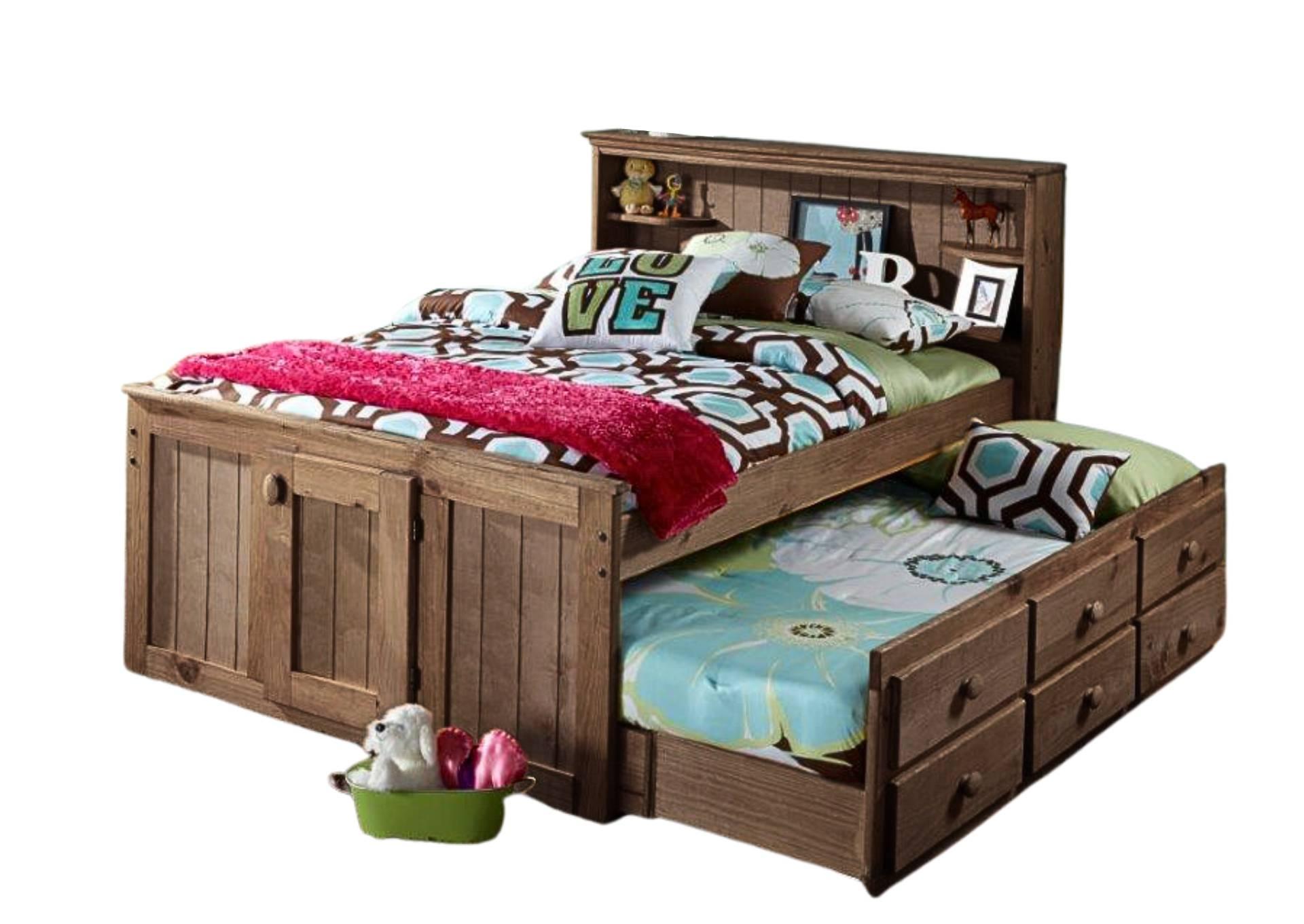 DIEGO CHESTNUT TWIN CAPTAIN'S BED WITH TWIN TRUNDLE AND BUNKIE MATTRESSES,SIMPLY BUNKBEDS