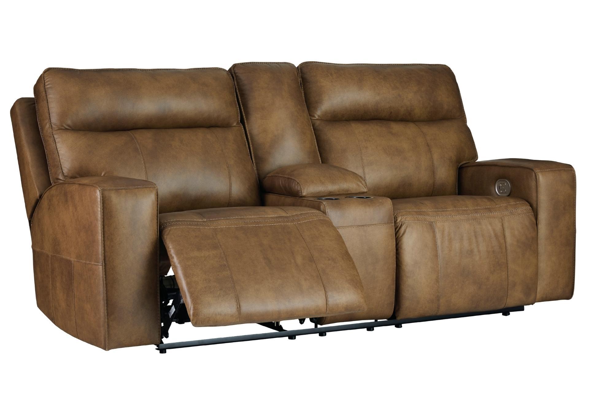 GAME PLAN CARAMEL LEATHER 2P POWER LOVESEAT WITH CONSOLE,ASHLEY FURNITURE INC.