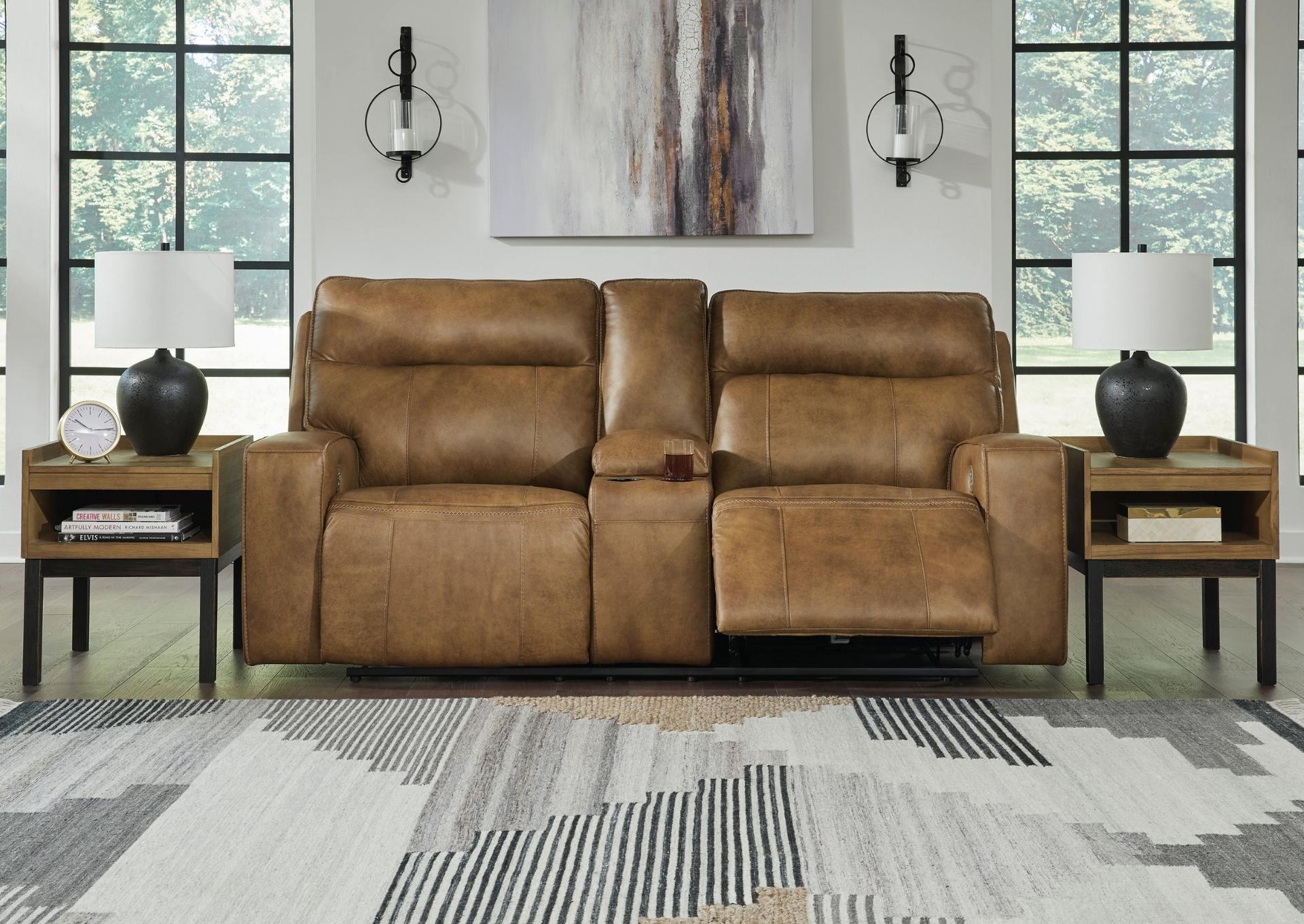 GAME PLAN CARAMEL LEATHER 2P POWER LOVESEAT WITH CONSOLE,ASHLEY FURNITURE INC.