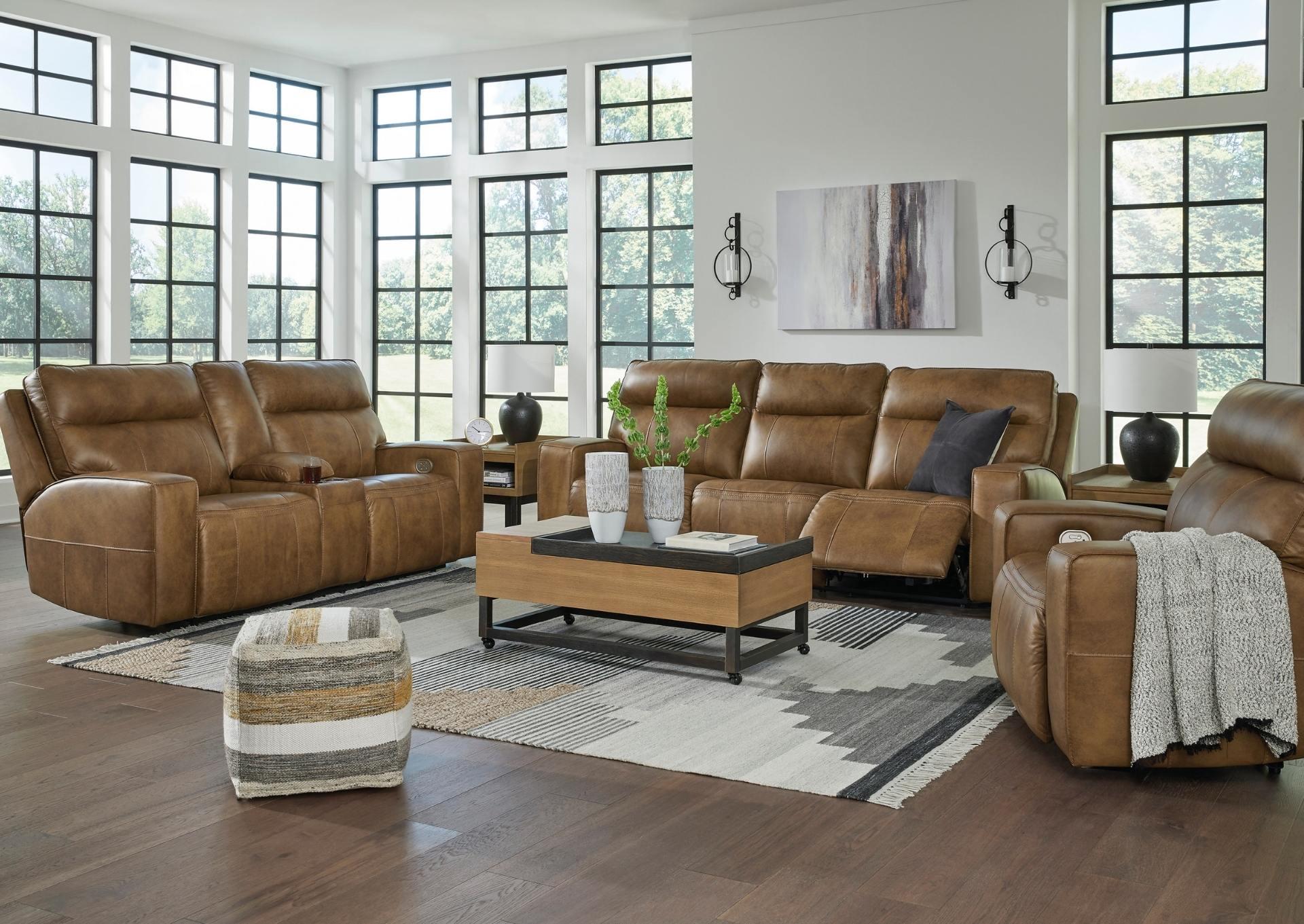 GAME PLAN CARAMEL LEATHER 2P POWER LOVESEAT WITH CONSOLE,ASHLEY FURNITURE INC.