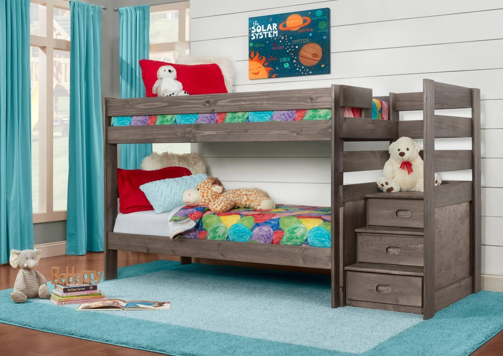 SAWYER DRIFTWOOD TWIN OVER TWIN STAIRBED WITH BUNKIE MATTRESSES,SIMPLY BUNKBEDS