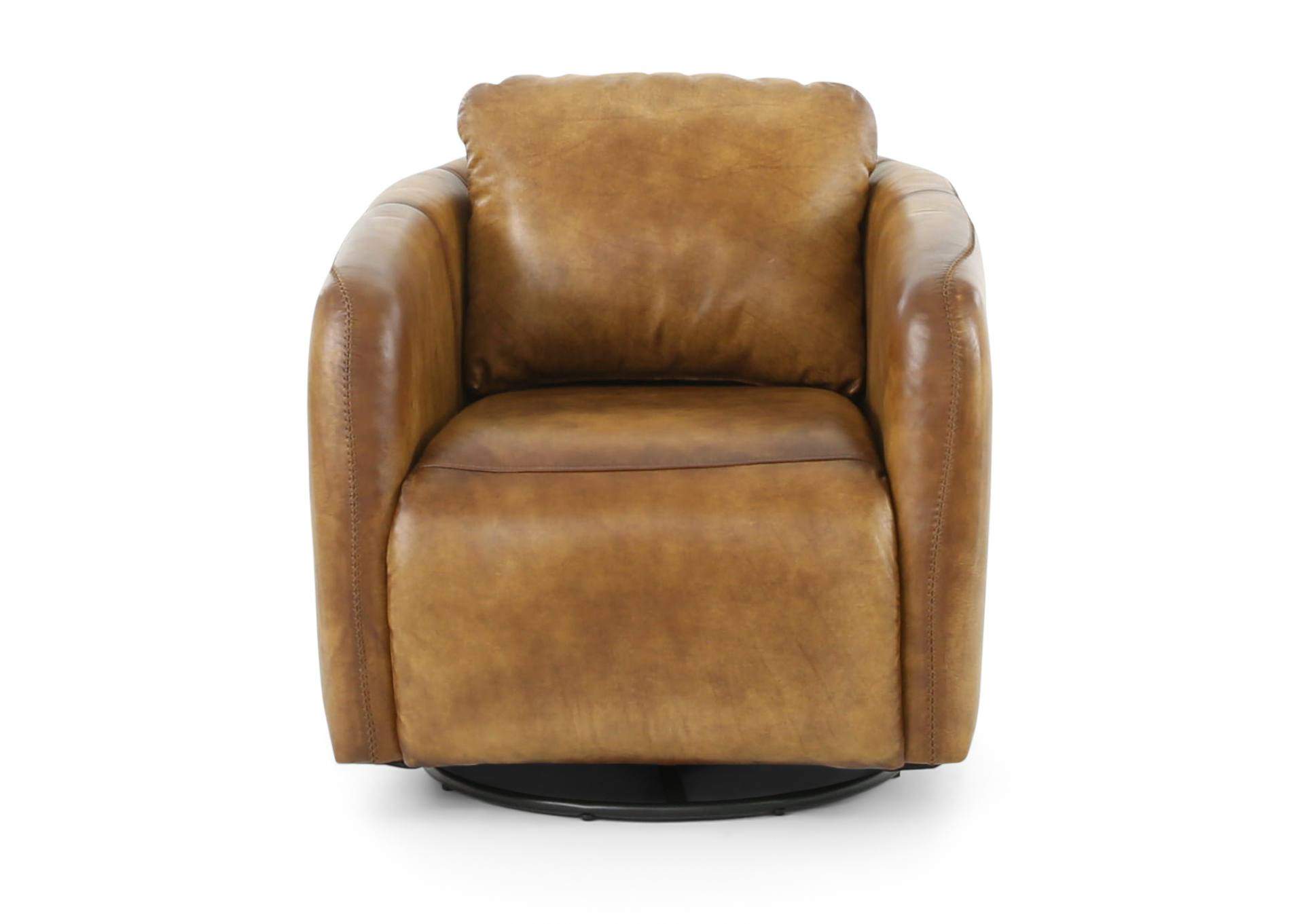TRINITY COGNAC LEATHER SWIVEL GLIDER CHAIR,MNDY