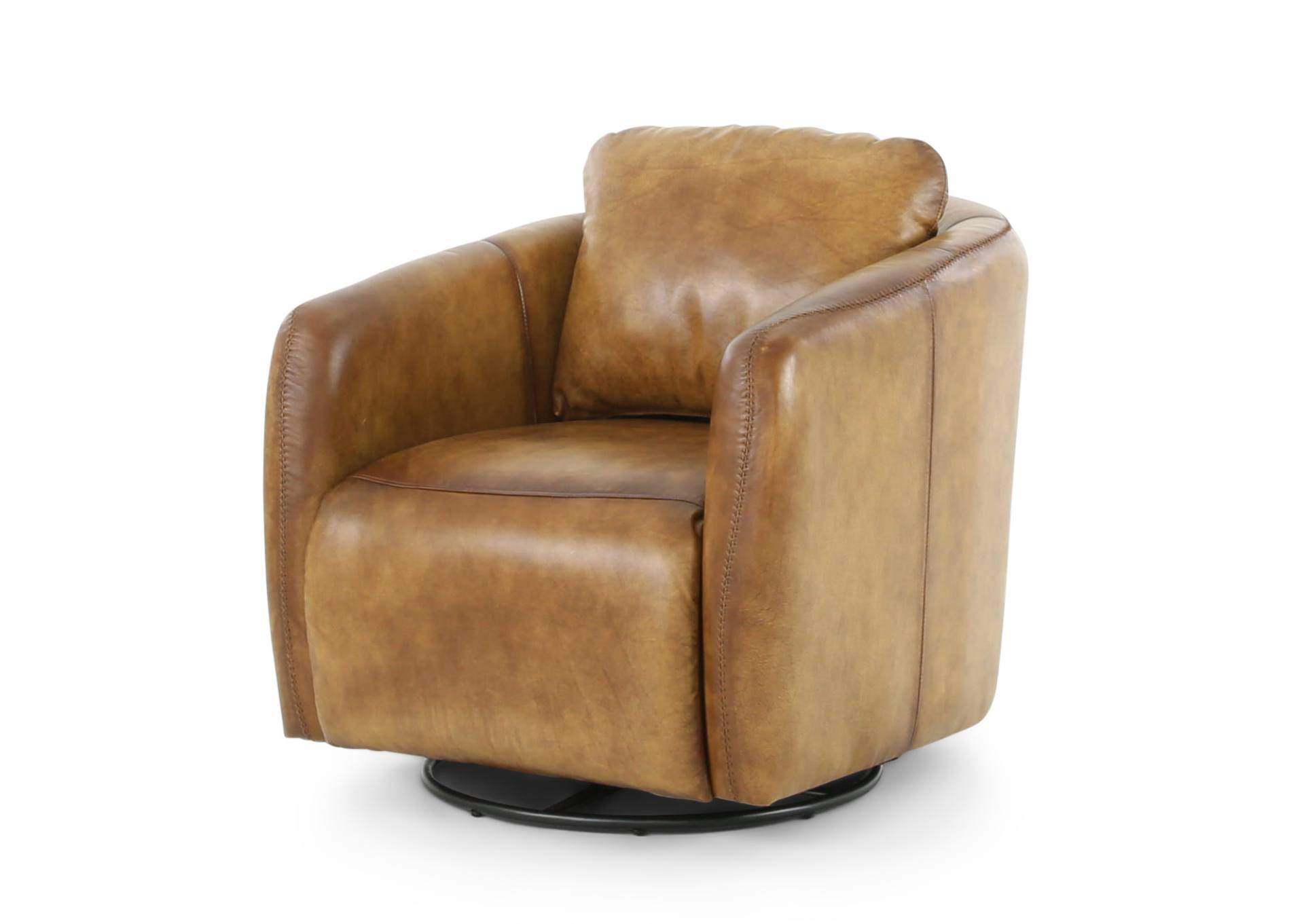 TRINITY COGNAC LEATHER SWIVEL GLIDER CHAIR,MNDY