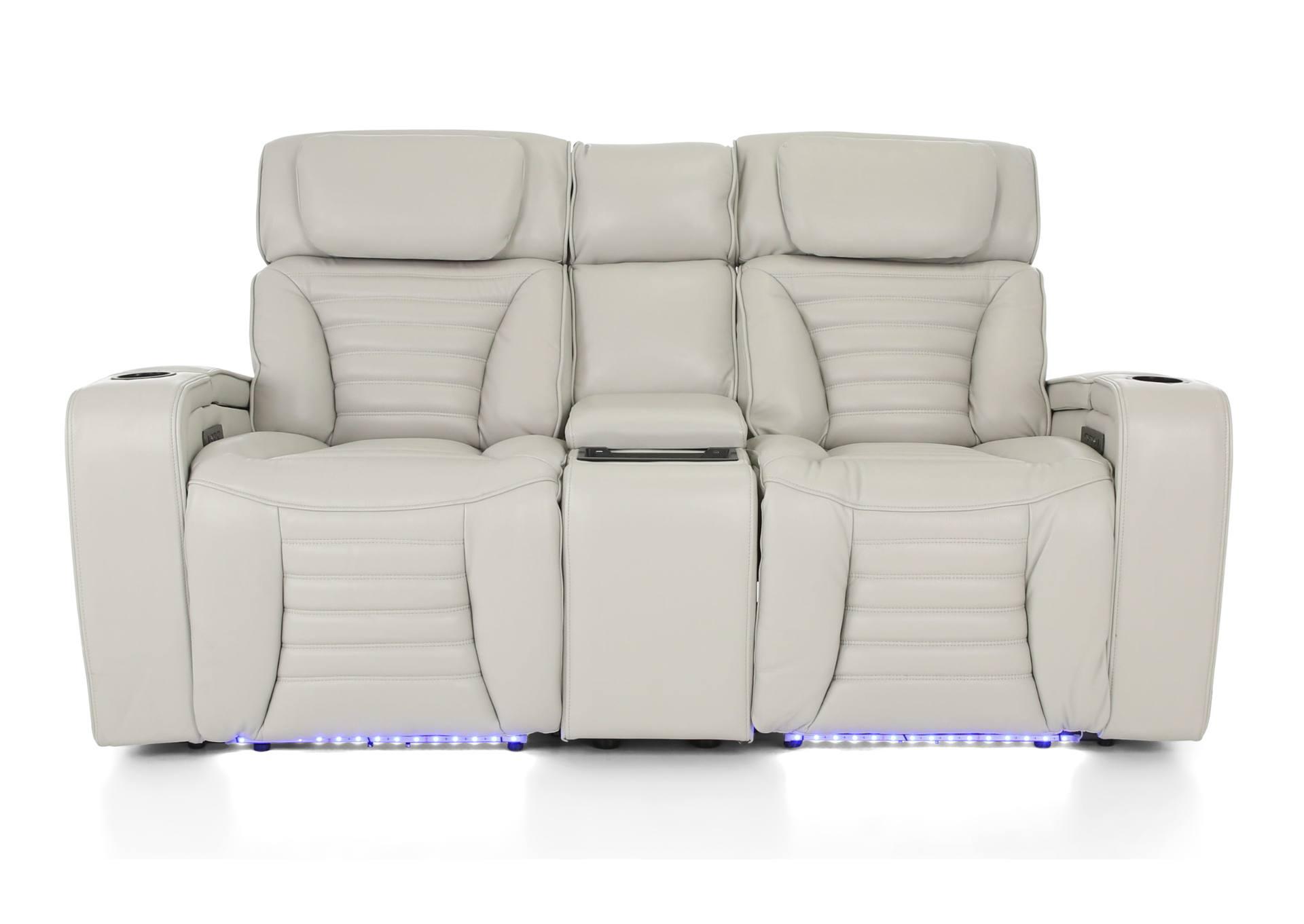 CALLIX FOG LEATHER P2 POWER LOVESEAT WITH CONSOLE AND LIGHTS