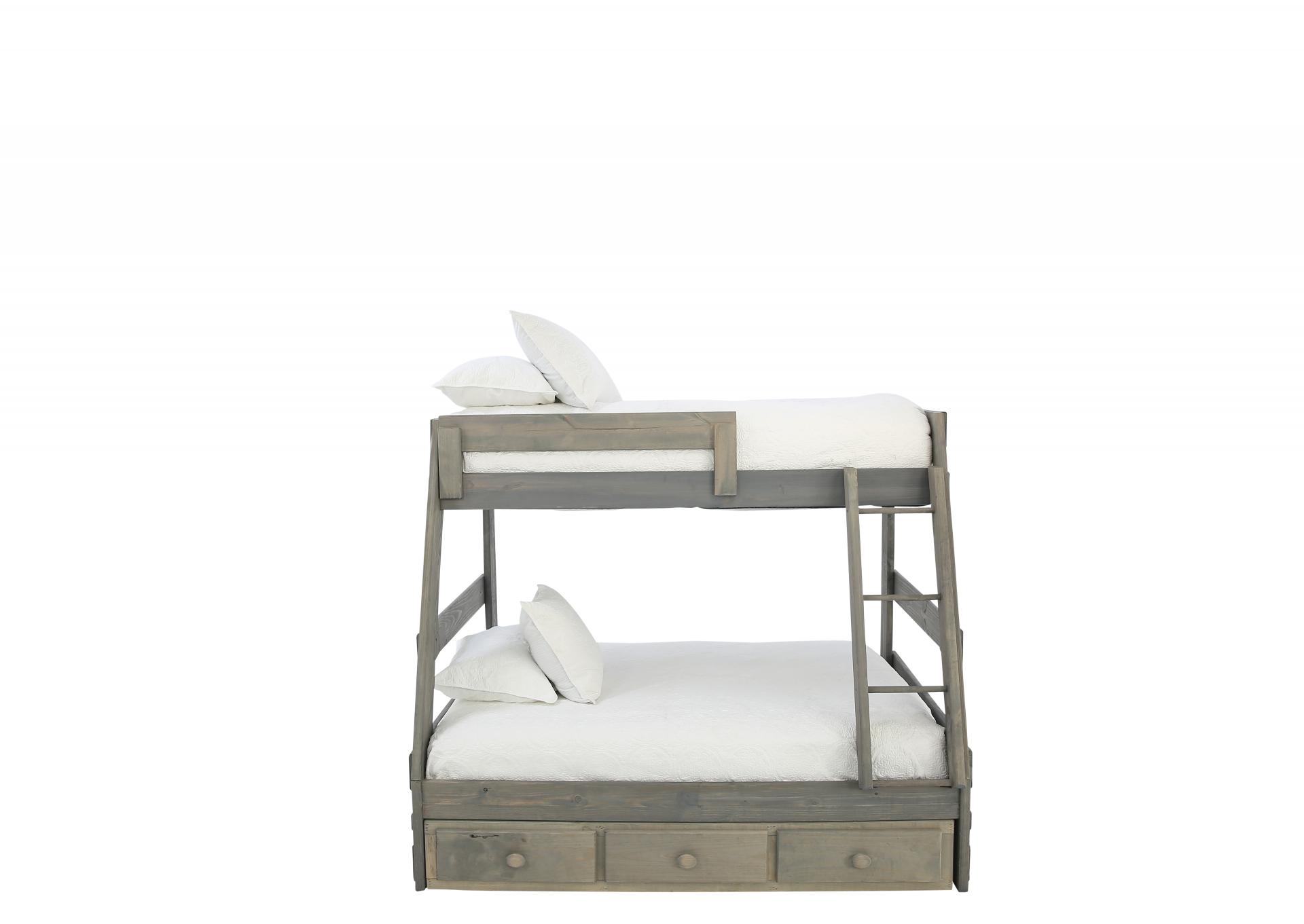 SAWYER DRIFTWOOD TWIN OVER FULL BUNKBED WITH STORAGE AND BUNKIE BOARDS,SIMPLY BUNKBEDS