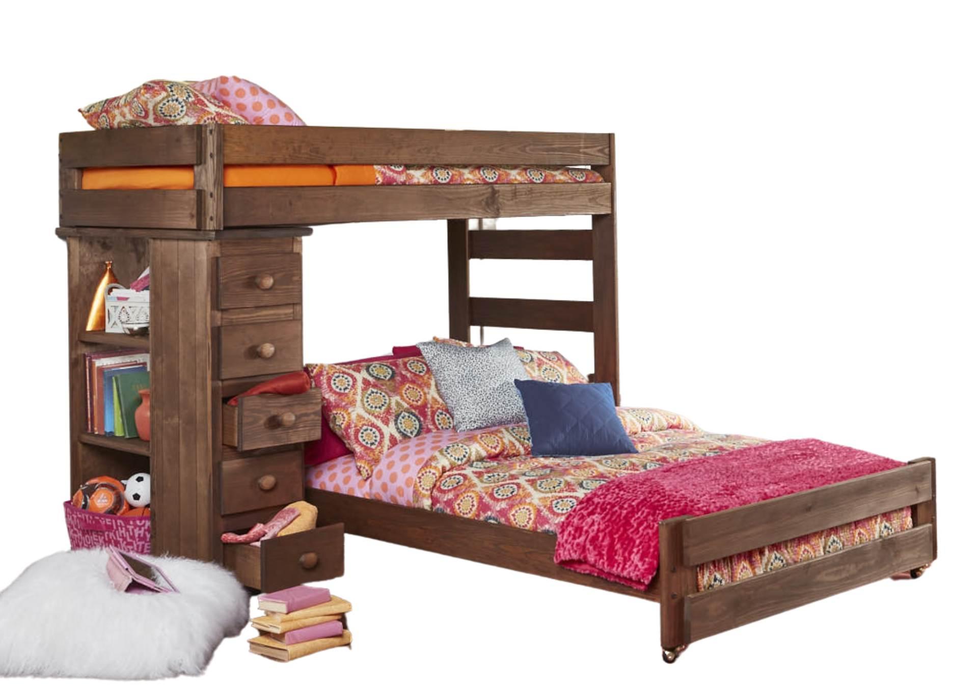 DIEGO CHESTNUT TWIN OVER FULL LOFT BED WITH BUNKIE MATTRESSES,SIMPLY BUNKBEDS