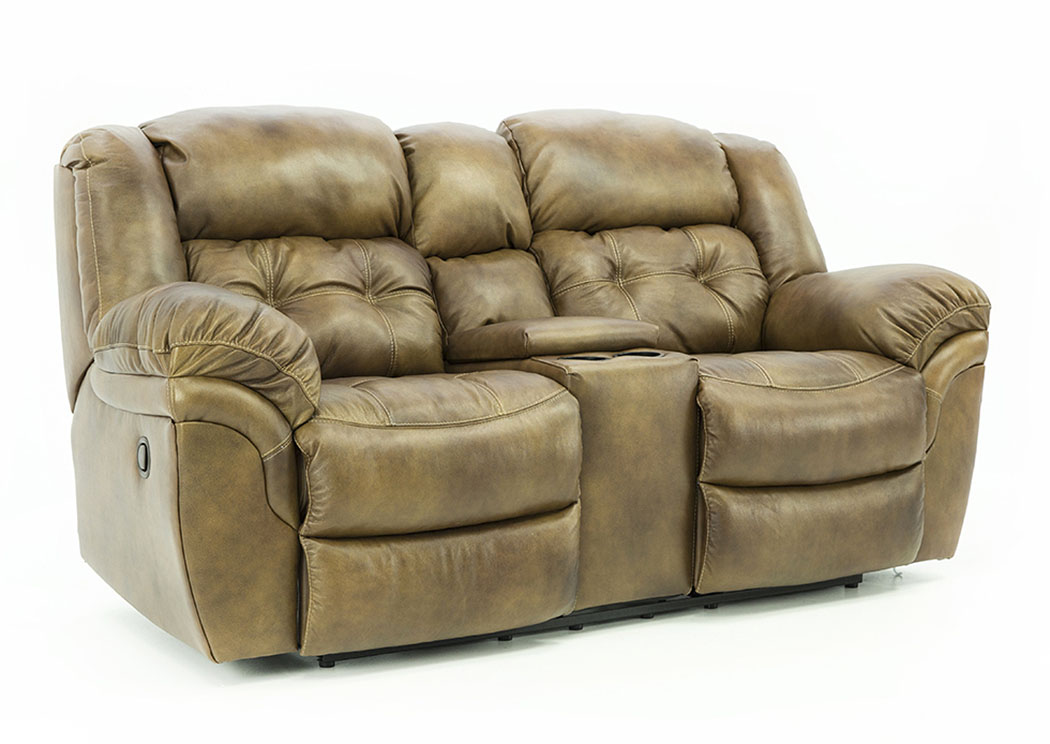 Hudson Saddle Leather Reclining, Leather Double Recliner Loveseat With Console