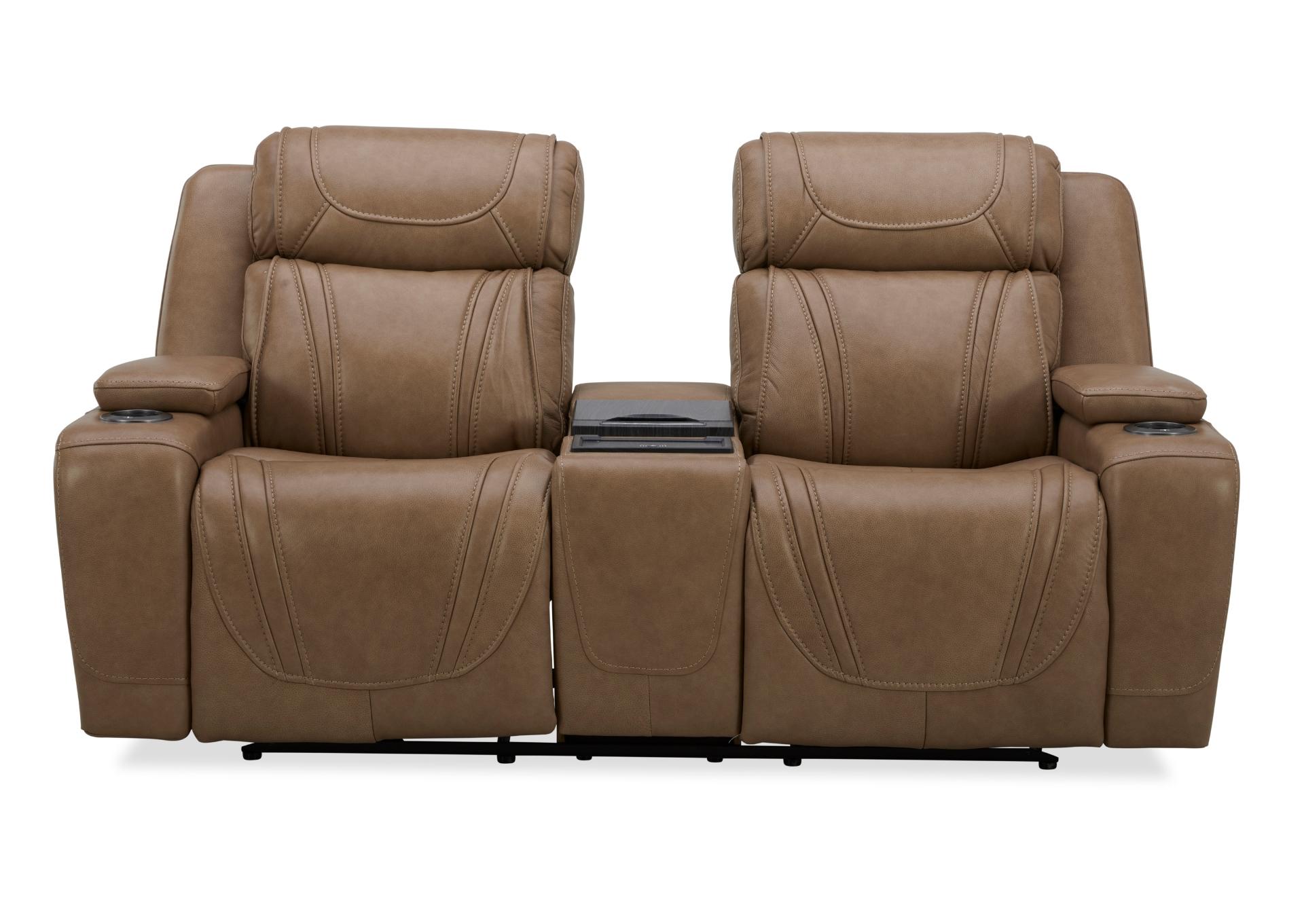 BOSTON SAND LEATHER POWER LOVESEAT WITH REFRIGERATOR CONSOLE