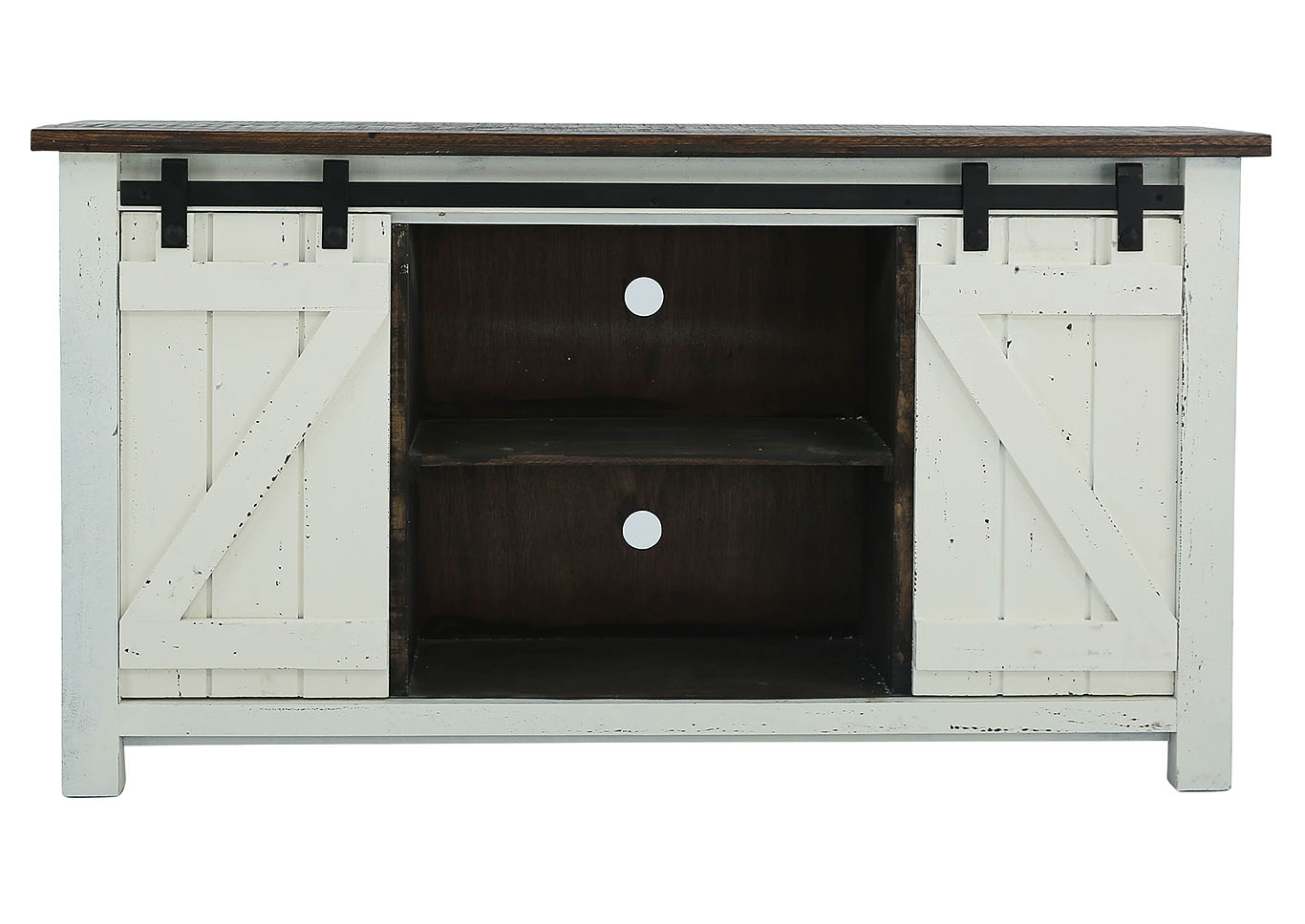 STERLING AGED WHITE WITH TOBACCO TOP BARN DOOR MEDIA CONSOLE
