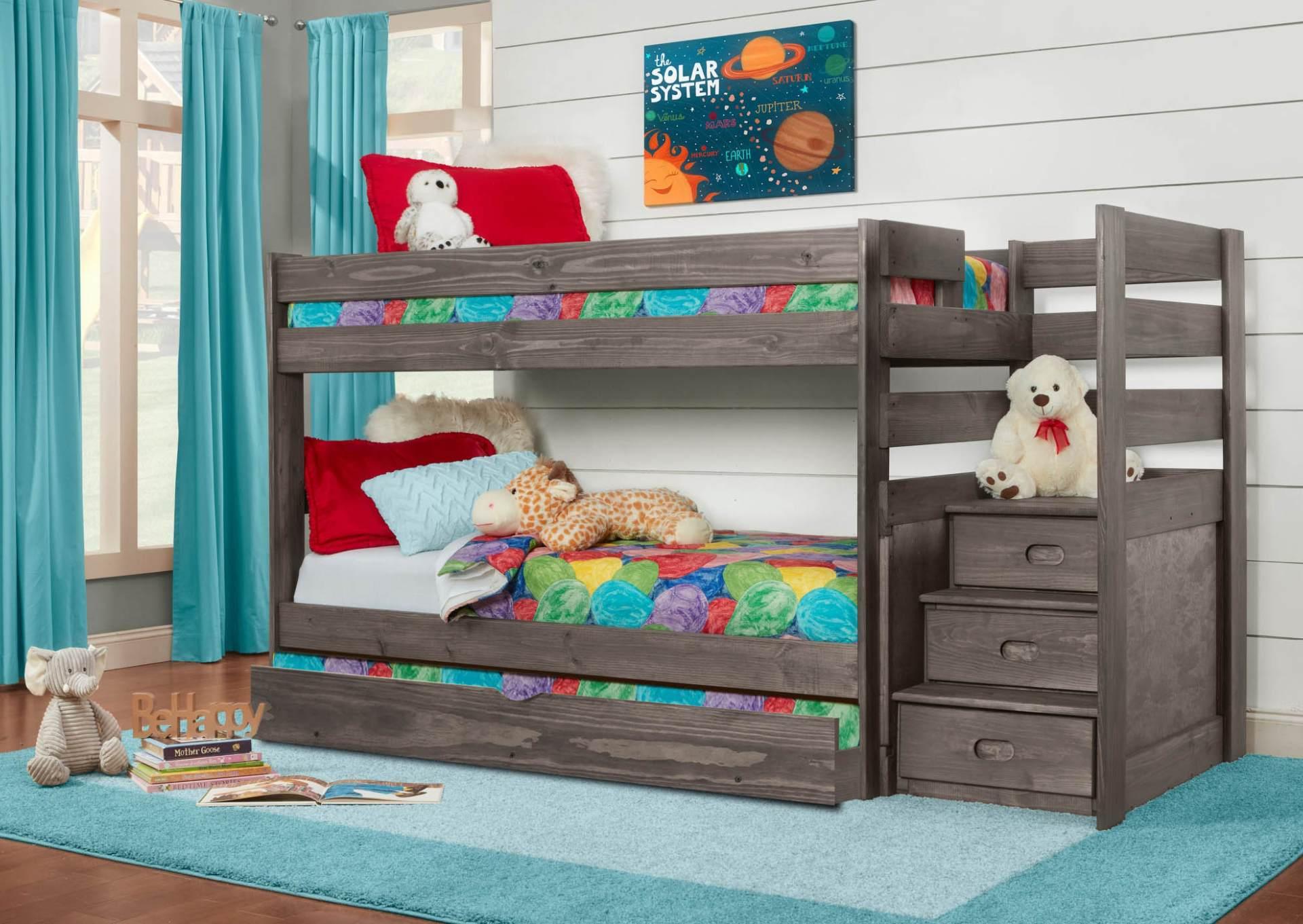 SAWYER DRIFTWOOD TWIN OVER TWIN STAIRBED WITH STORAGE AND BUNKIE MATTRESSES,SIMPLY BUNKBEDS