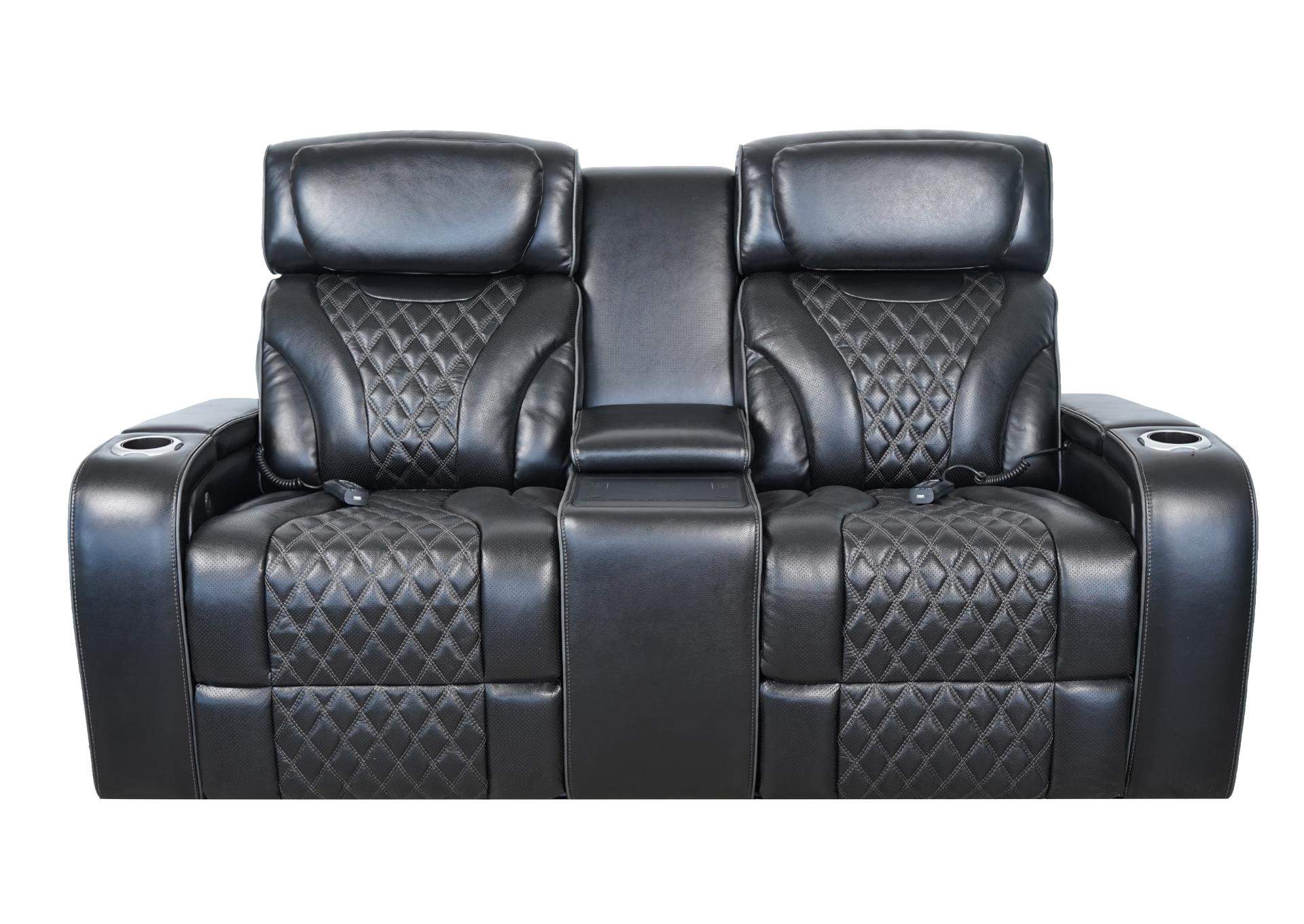 VAMOND BLACK LEATHER POWER CONSOLE LOVESEAT WITH AIR MASSAGE AND IMMERSIVE AUDIO,SYNG