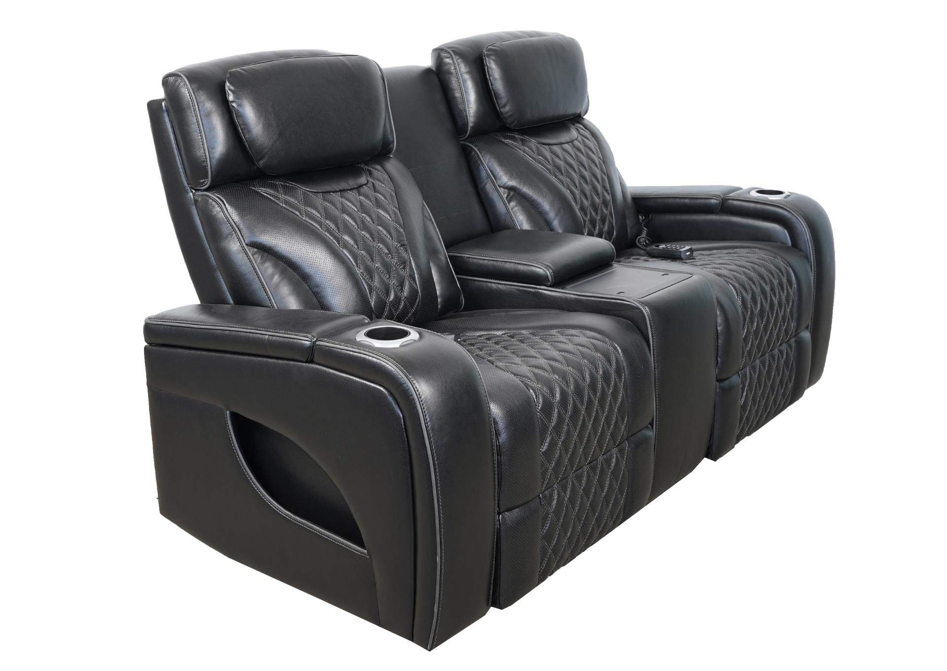 VAMOND BLACK LEATHER POWER CONSOLE LOVESEAT WITH AIR MASSAGE AND IMMERSIVE AUDIO,SYNG