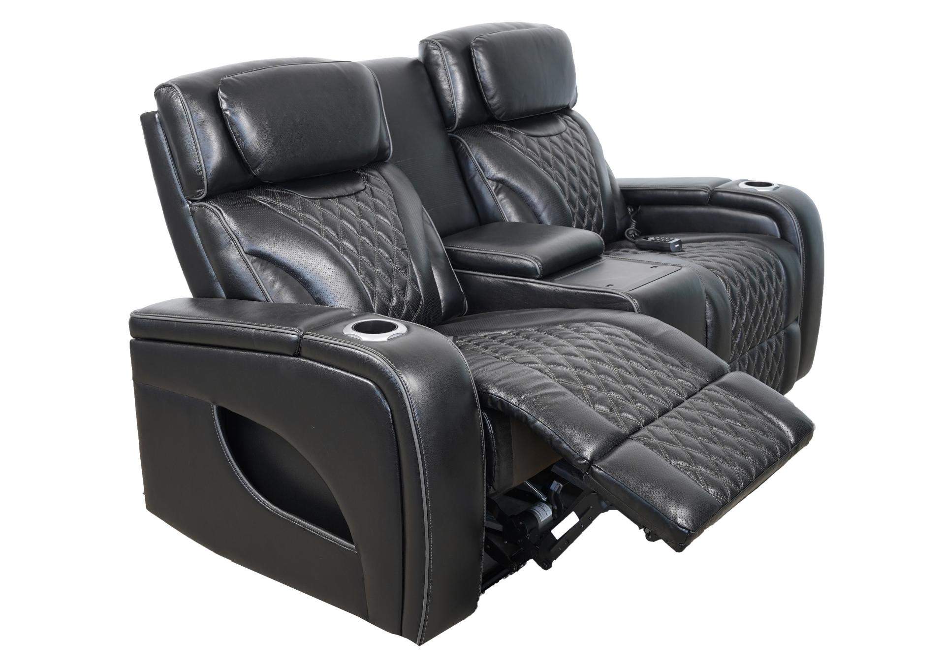 VAMOND BLACK LEATHER POWER CONSOLE LOVESEAT WITH AIR MASSAGE AND IMMERSIVE AUDIO,SYNG