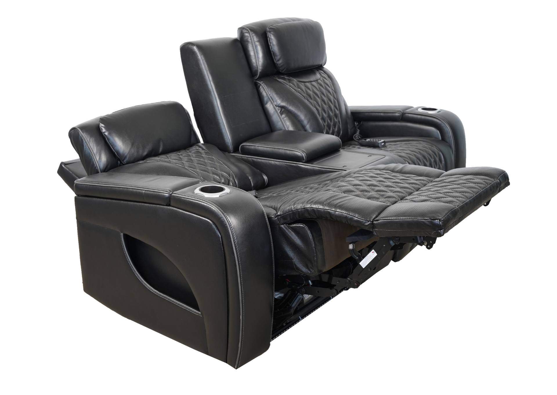VAMOND BLACK LEATHER POWER CONSOLE LOVESEAT WITH AIR MASSAGE AND IMMERSIVE AUDIO,SYNG