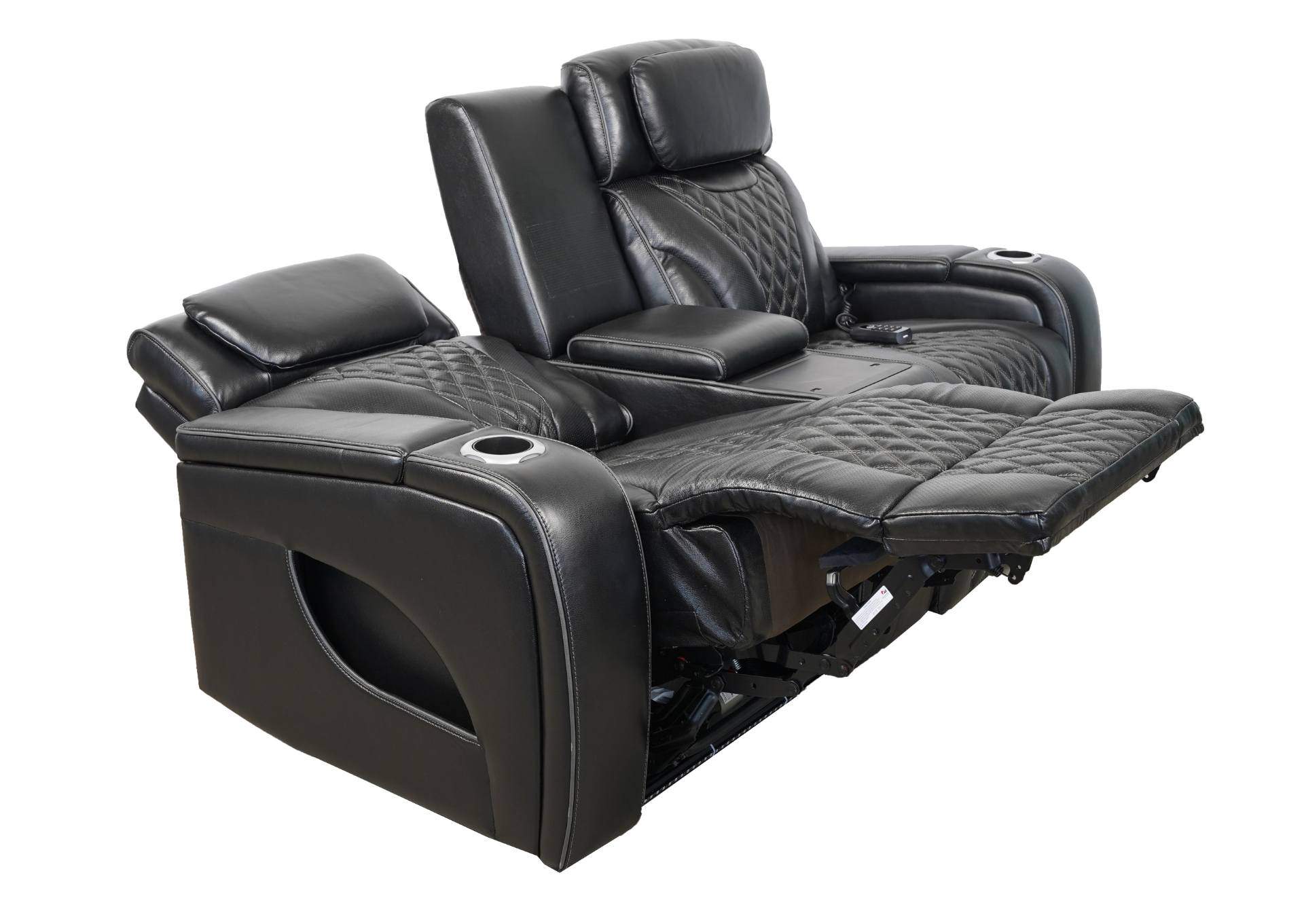 VAMOND BLACK LEATHER POWER CONSOLE LOVESEAT WITH AIR MASSAGE AND IMMERSIVE AUDIO,SYNG