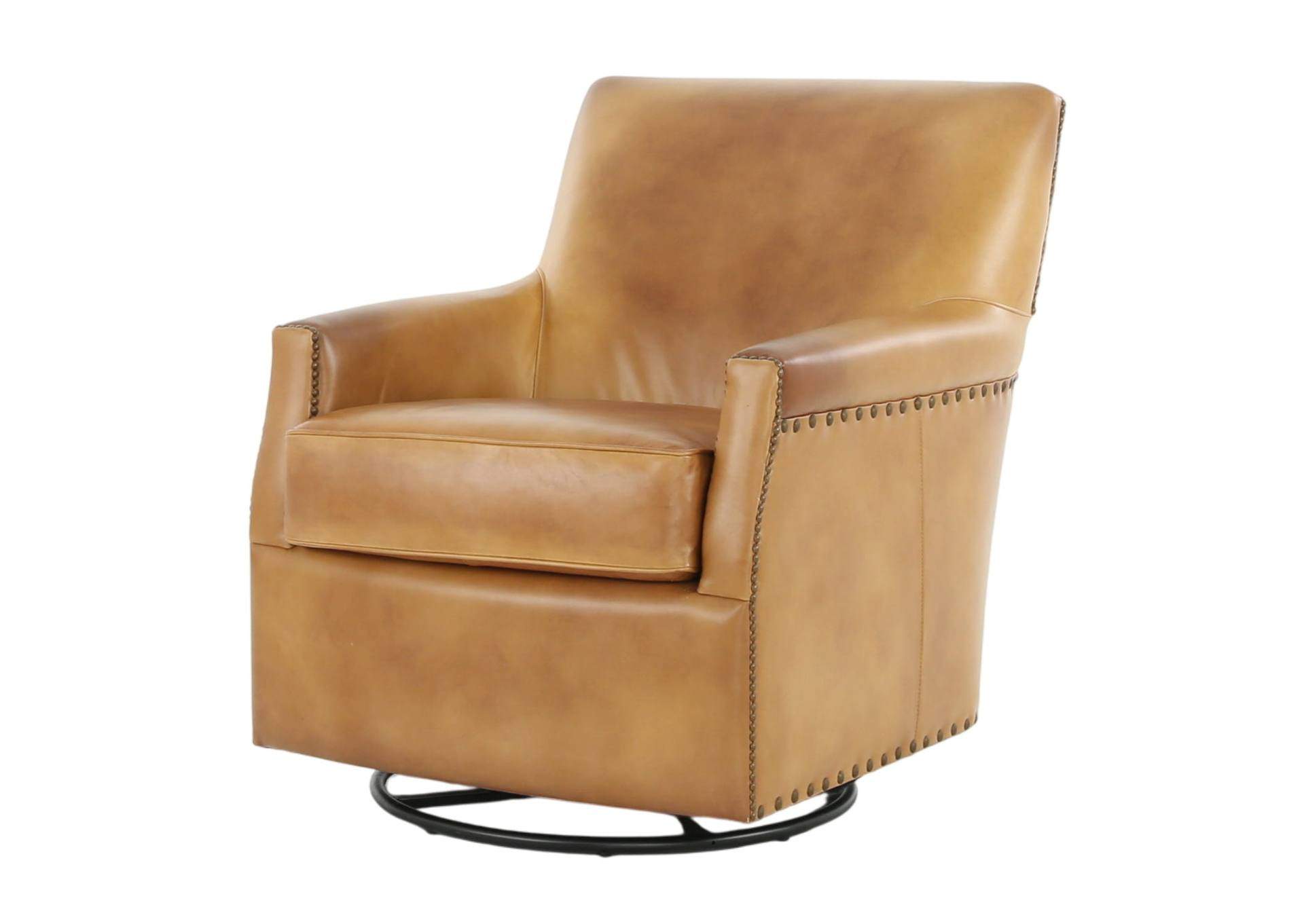 VENETIAN COGNAC LEATHER SWIVEL GLIDER CHAIR,MNDY