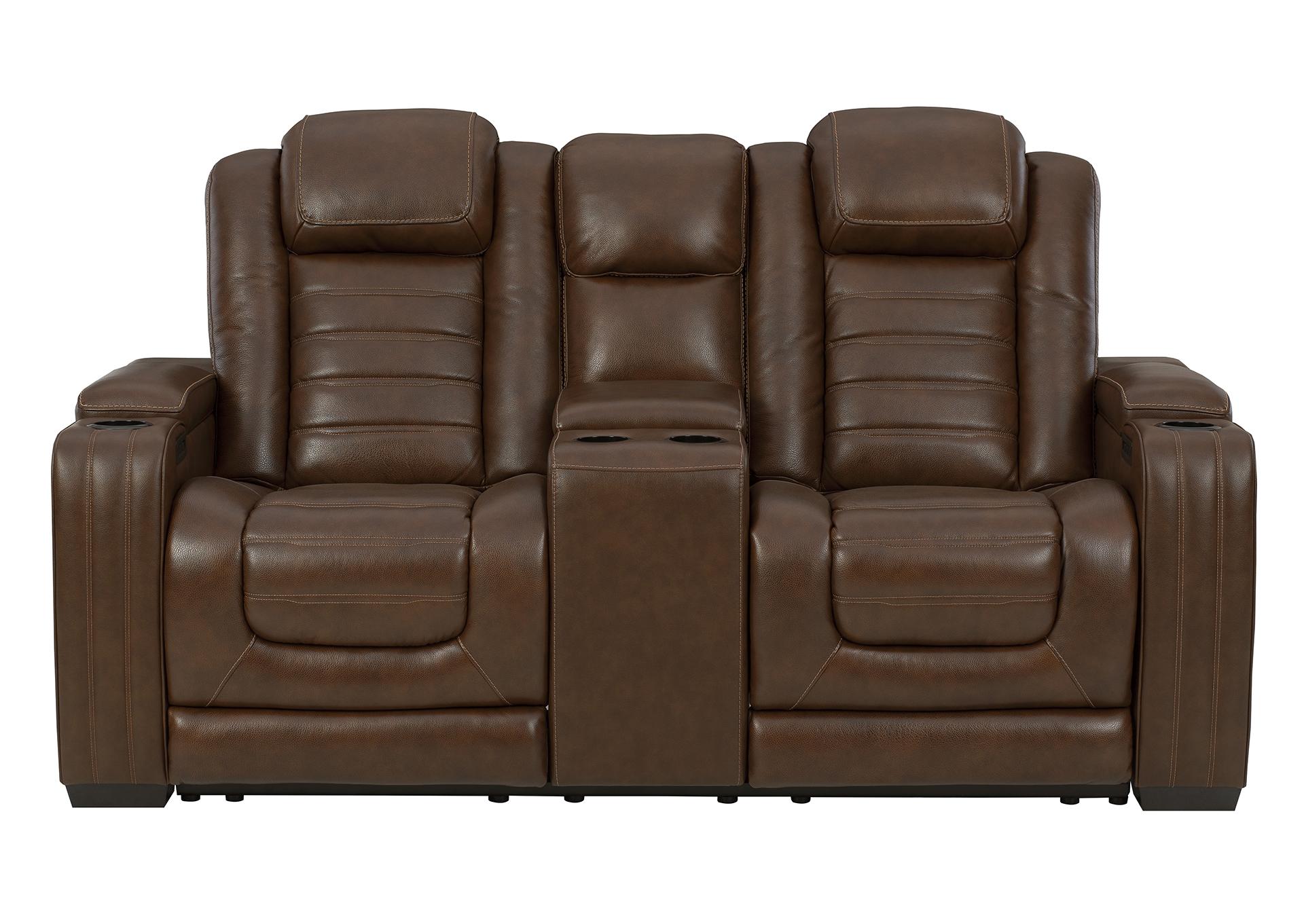 BACKTRACK CHOCOLATE LEATHER POWER RECLINING CONSOLE LOVESEAT