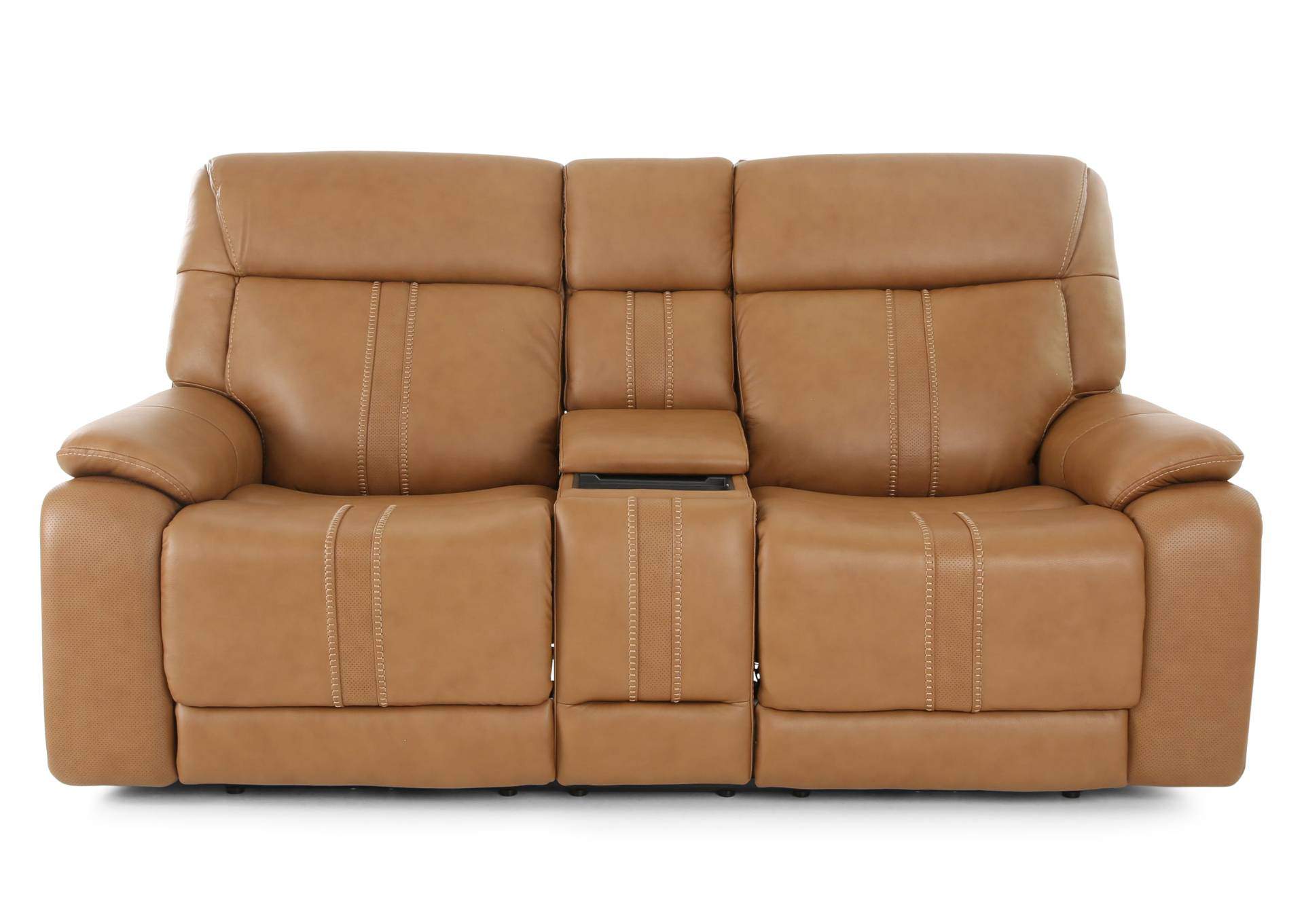 XARA BUTTERNUT LEATHER POWER CONSOLE LOVESEAT,MOTM