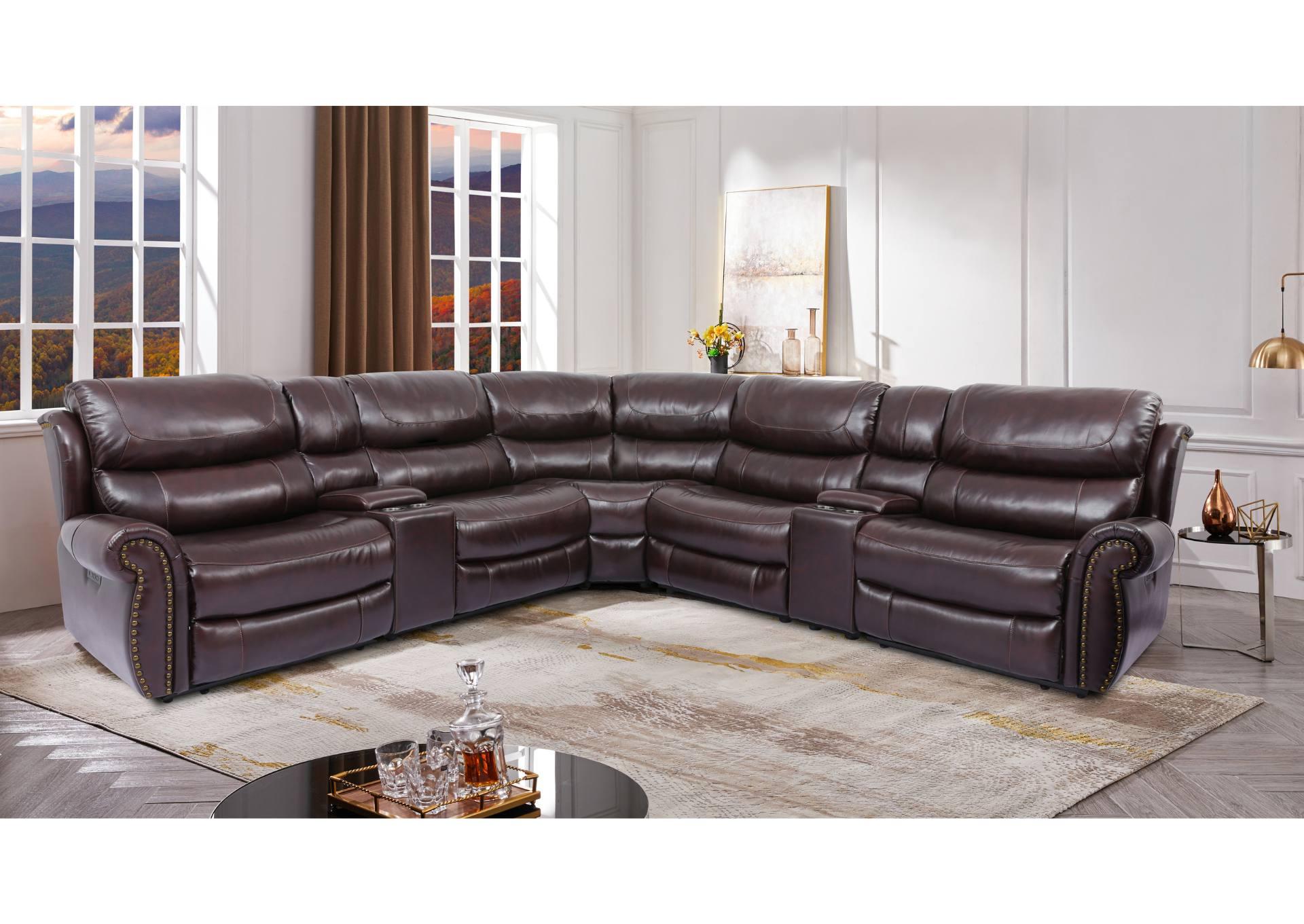 ALAMEDA ESPRESSO LEATHER 7 PIECE POWER SECTIONAL,CHEERS