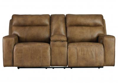 Image for GAME PLAN CARAMEL LEATHER 2P POWER LOVESEAT WITH CONSOLE