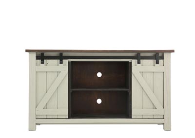 STERLING AGED GRAY WITH TOBACCO TOP BARN DOOR TV STAND