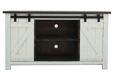 STERLING AGED WHITE WITH TOBACCO TOP BARN DOOR TV STAND