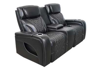 VAMOND BLACK LEATHER POWER CONSOLE LOVESEAT WITH AIR MASSAGE AND IMMERSIVE AUDIO,SYNG