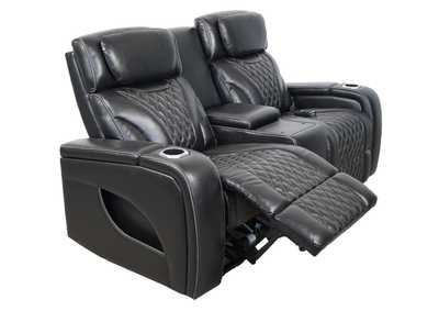 VAMOND BLACK LEATHER POWER CONSOLE LOVESEAT WITH AIR MASSAGE AND IMMERSIVE AUDIO,SYNG