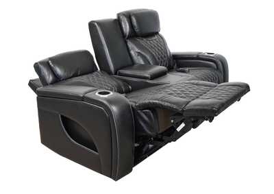 VAMOND BLACK LEATHER POWER CONSOLE LOVESEAT WITH AIR MASSAGE AND IMMERSIVE AUDIO,SYNG