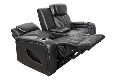 VAMOND BLACK LEATHER POWER CONSOLE LOVESEAT WITH AIR MASSAGE AND IMMERSIVE AUDIO,SYNG