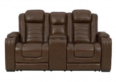 Image for BACKTRACK CHOCOLATE LEATHER POWER RECLINING CONSOLE LOVESEAT