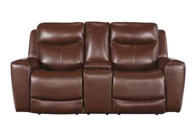MOMENTUM MAHOGANY LEATHER 2P POWER CONSOLE LOVESEAT