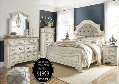 Image for Realyn Chipped White California Queen Panel Bed and Dresser w/Mirror, Night Stand & FREE chest