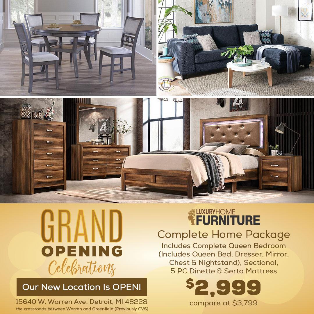 Complete Home Package - Includes Sectional & 5 Piece Queen Bedroom Set & 5 Piece Dinette & 1 Queen Sized Mattress,Specials