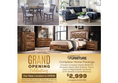 Complete Home Package - Includes Sectional & 5 Piece Queen Bedroom Set & 5 Piece Dinette & 1 Queen Sized Mattress