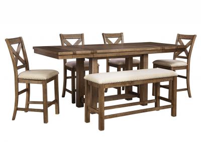 Image for Moriville Gray Rectangular Dining Room Counter Extension Table w/Bench and 4 Upholstered Barstools