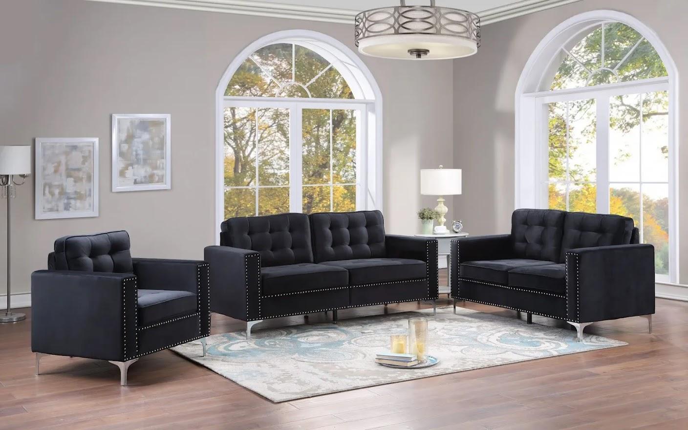 Black Fabric Sofa and Love Seat with Nailhead Pattern