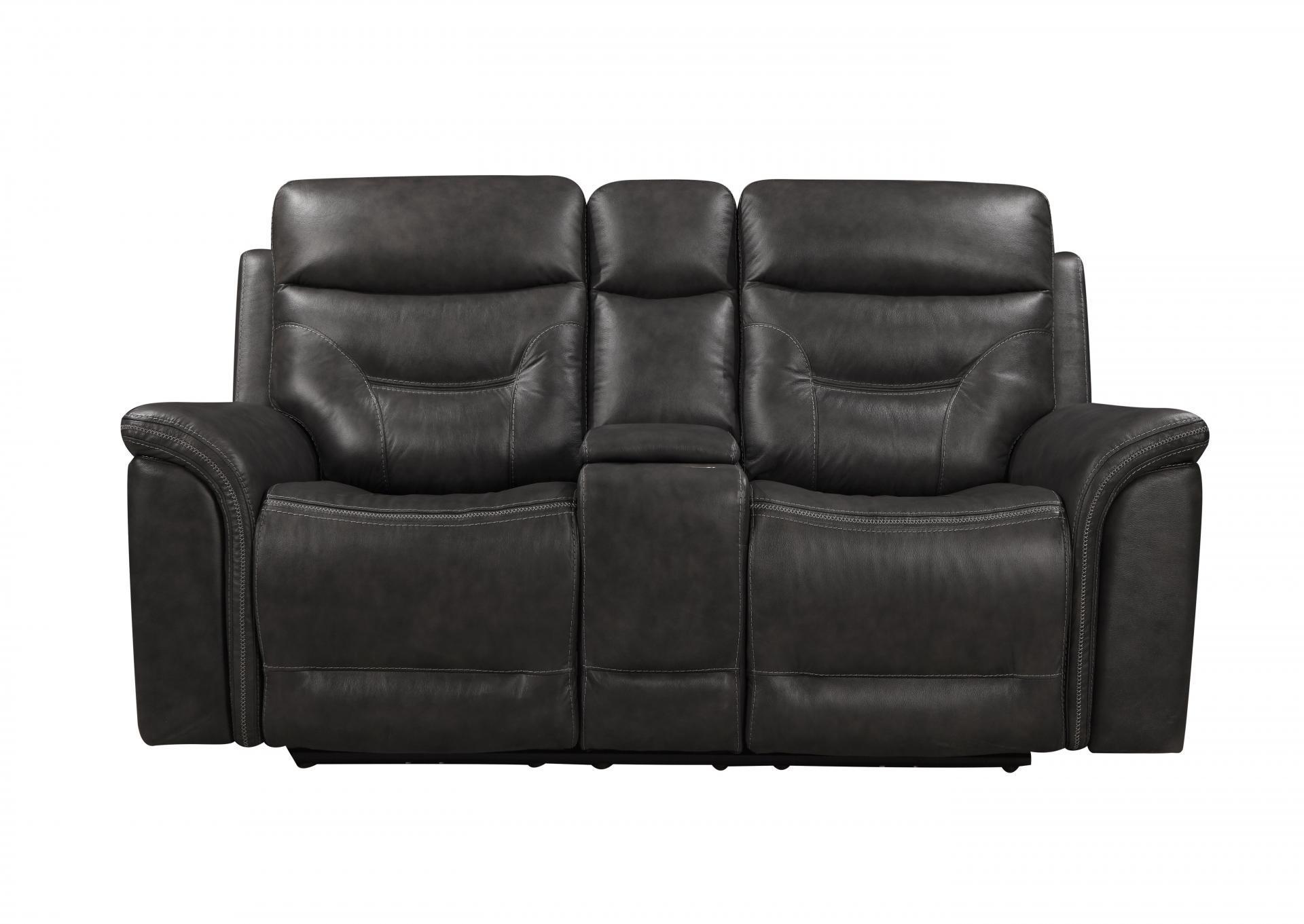 Gray Dual Reclining Power Love Seat with Console with Power in The foot Leather