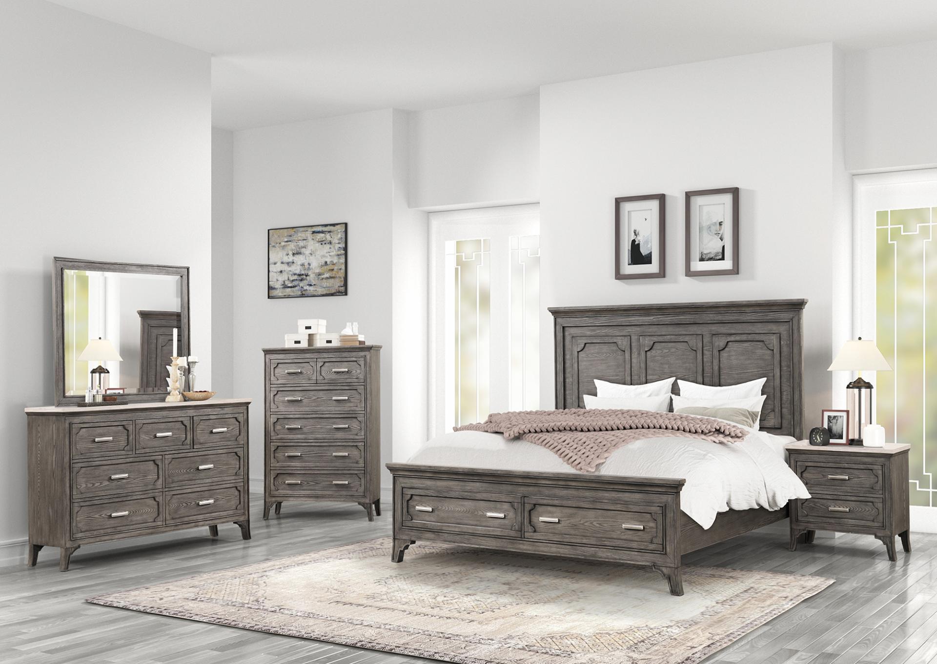 Panel Storage bed with 2 drawers, dresser, mirror, and nightstand