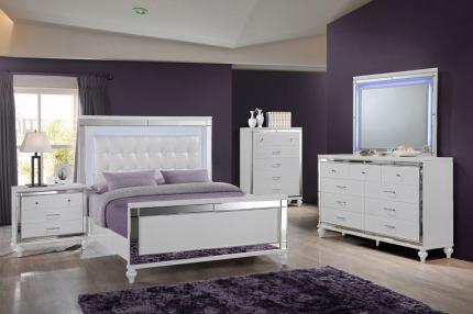 White Bedroom Group with Lite Headboard, Dresser, Lighted Mirror, and Nightstand