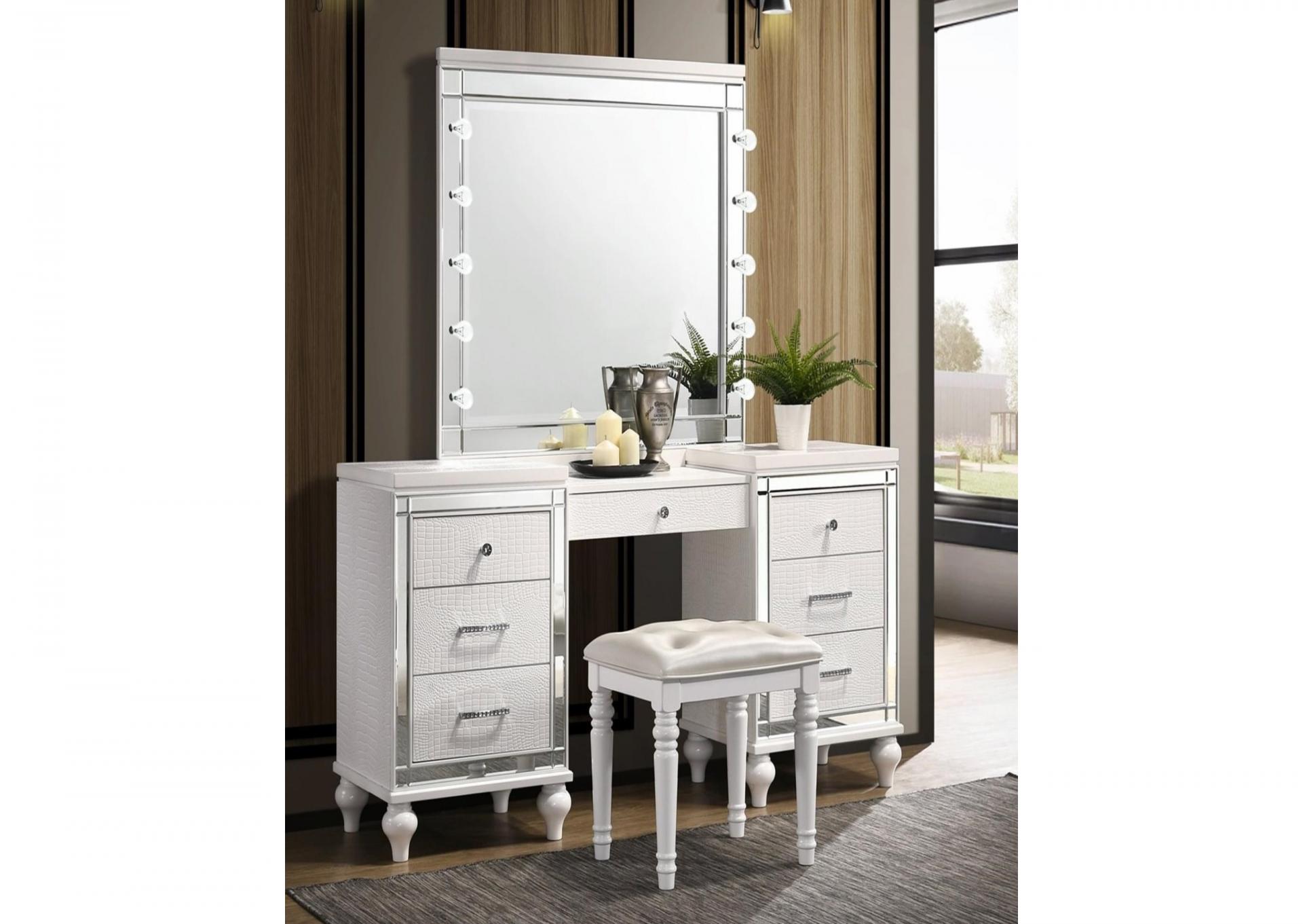 White Vanity with Lighted Mirror and Bench