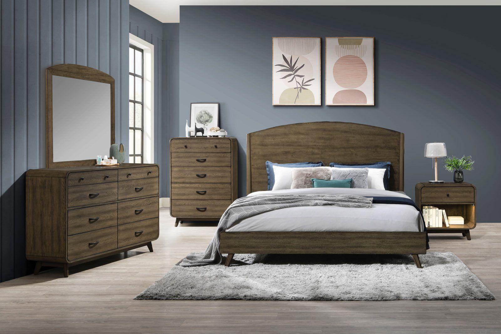 Panel Bed in Walnut finish with Dresser Mirror and Nightstand