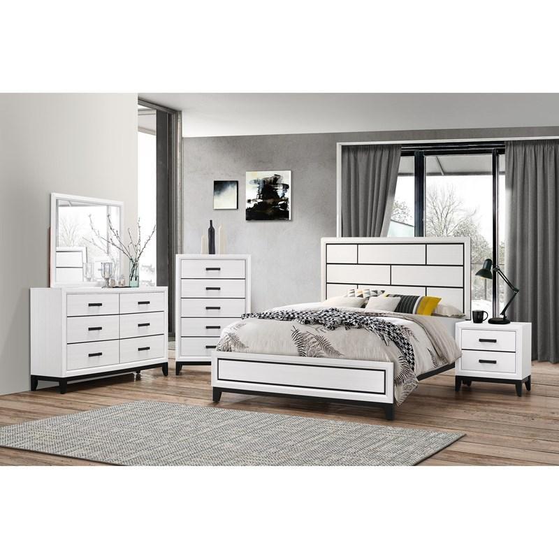 White Panel Bed with Dresser Mirror and Nightstand