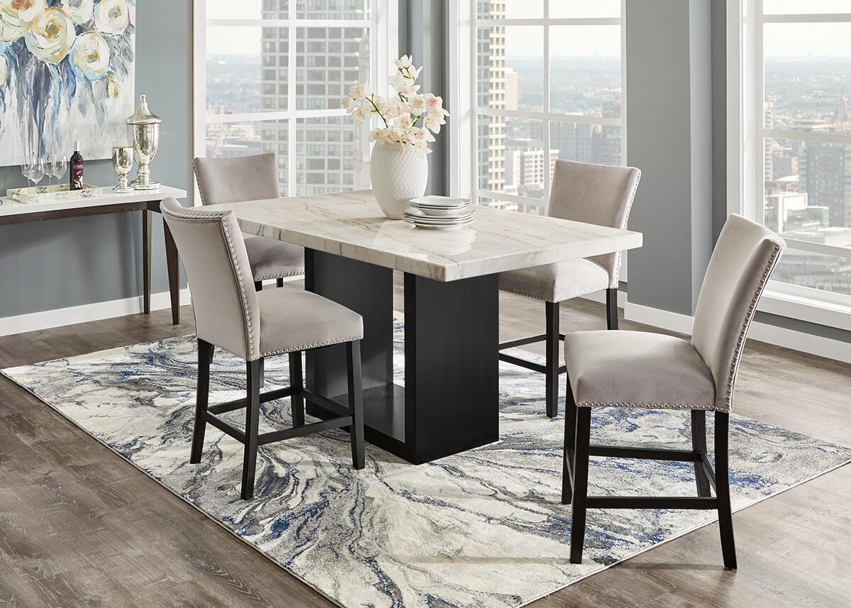Marble Counter Table with Gray Chairs