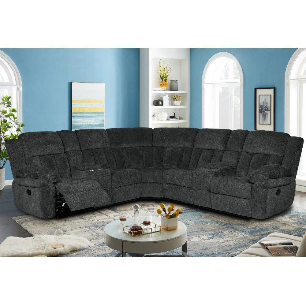 3pc Sectional in Grayish Blue Fabric with 2 Power Recliners and 2 Storage Consoles