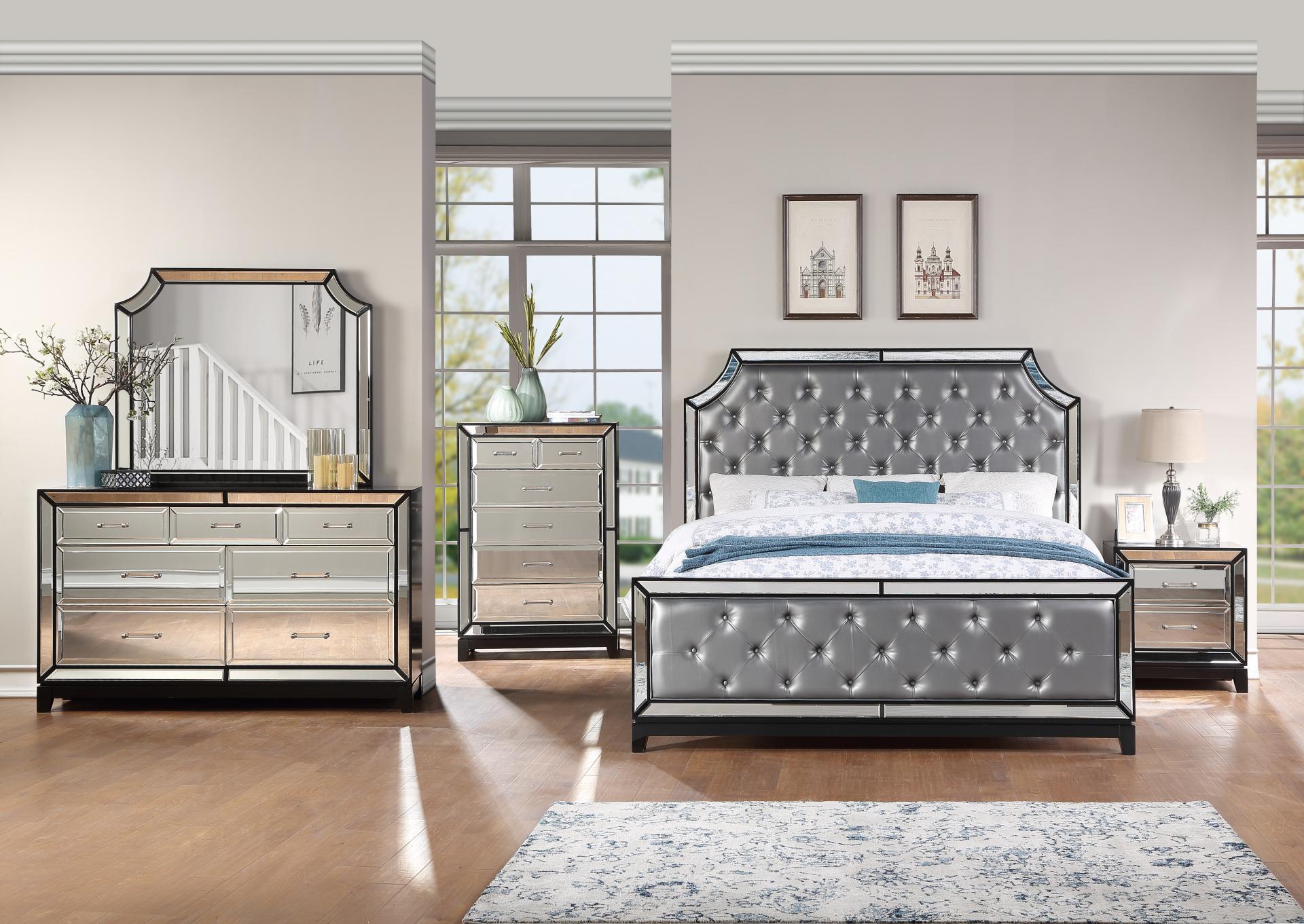 Mirrored Bedroom with Panel Bed Dresser Mirror and Nightstand