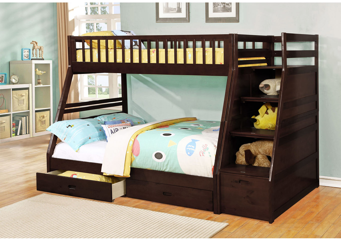 Dakota Twin/Full Angled Bunk Bed with Storage Staircase and Under Drawers - Espresso,Instore