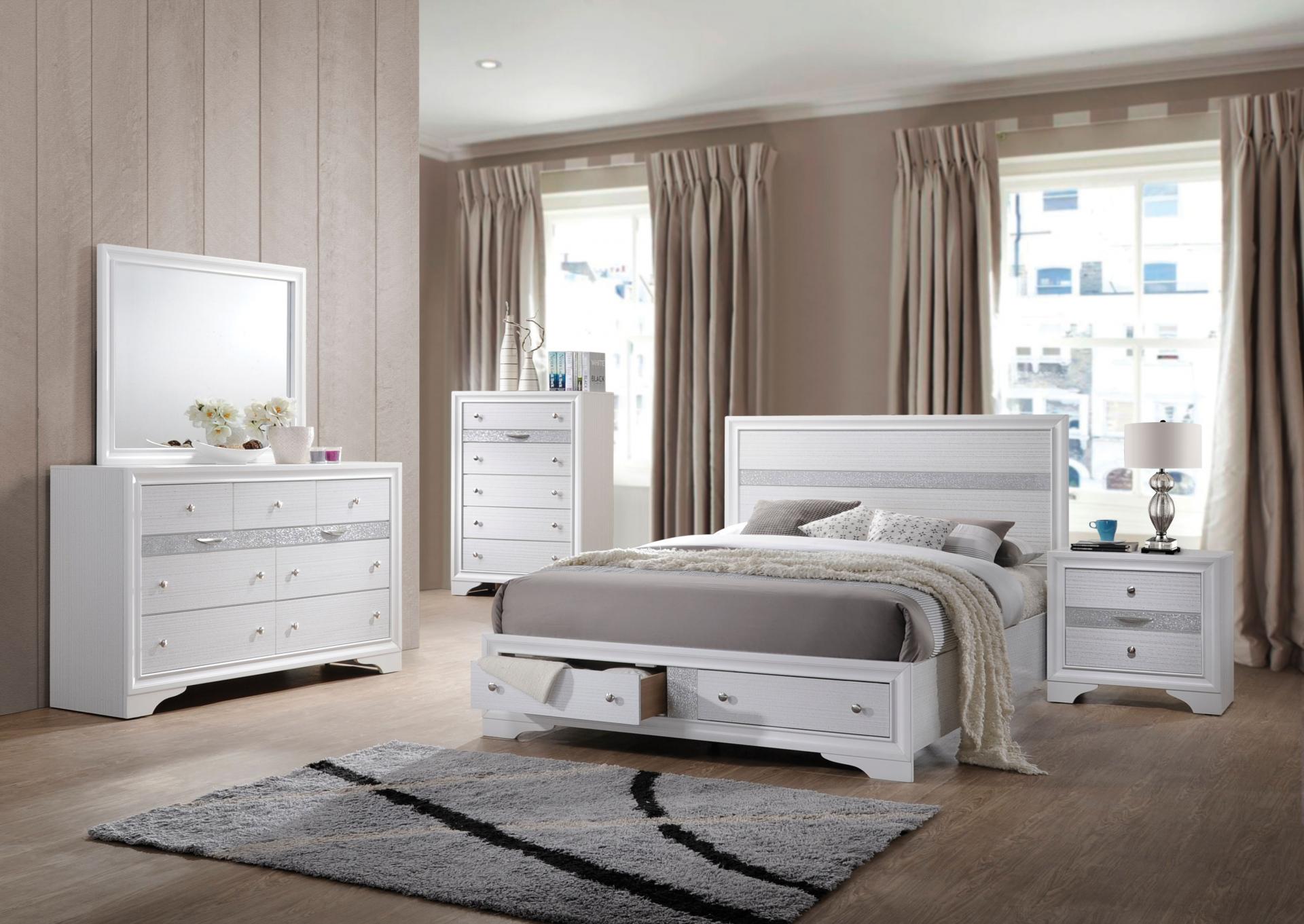 Jewel White Storage Platform Bed with 2 drawers, dresser, mirror, and nightstand